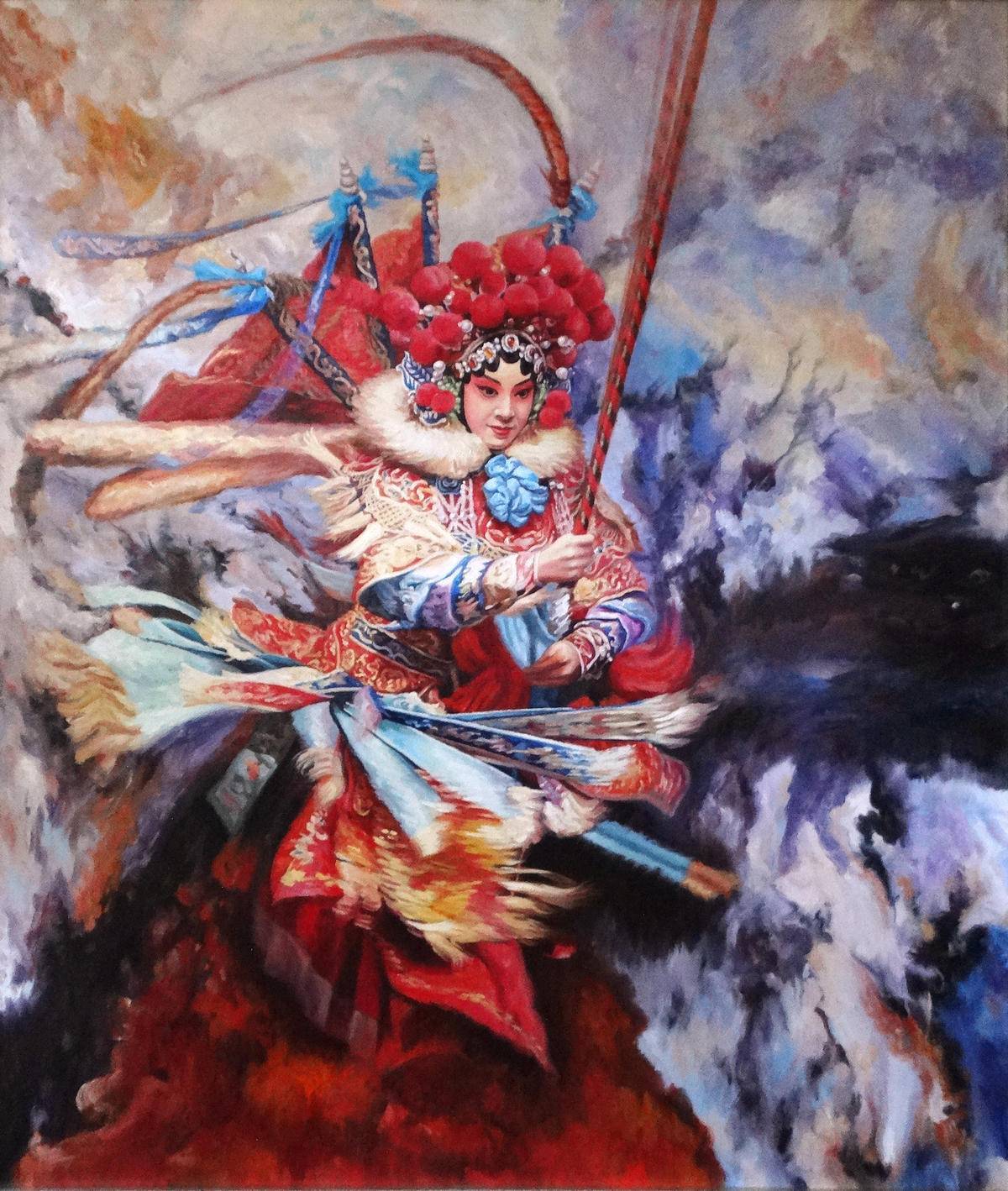 穆桂英出征油画,布面油画,120×140cm,2016非卖品 杨门女将京剧人物