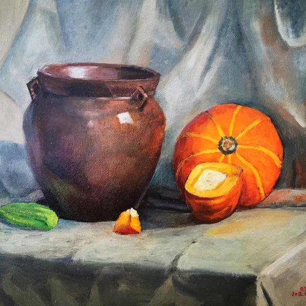 niuyuantongart-油画《陶罐与南瓜》
