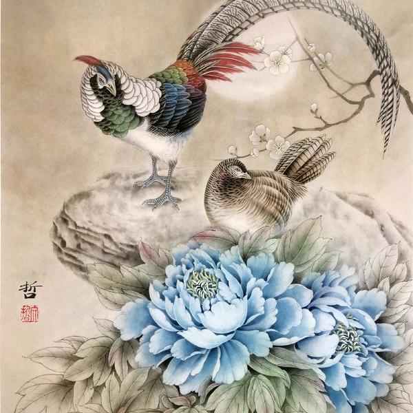 工笔画"牡丹锦鸡" - 白文哲的作品 | artand - 与艺术家面对面的在线