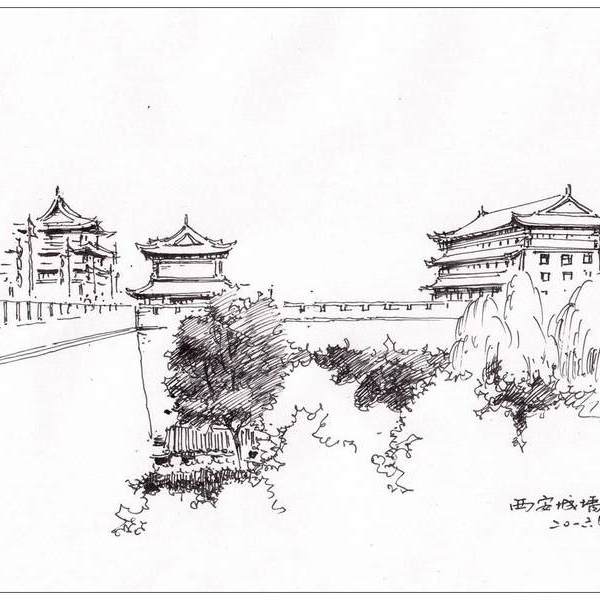 西安城墙速写图片