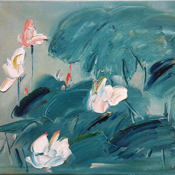 江南荷韵,写意油画2021年作品荷花格调,如意吉祥2021年作品荷韵,夏日