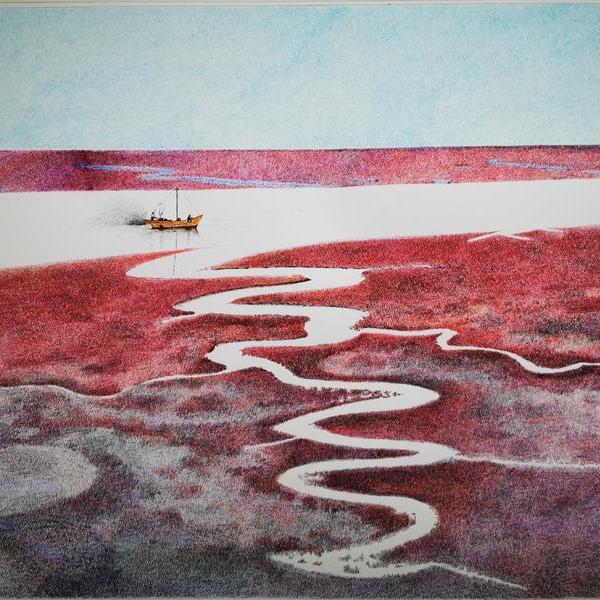 niuyuantongart-色彩钢笔画《红海滩之–一叶扁舟》