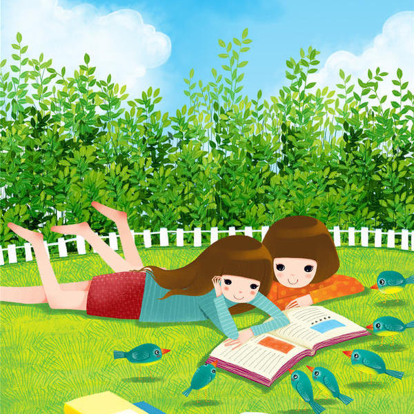 王净净-趴在草地看书的两个女孩